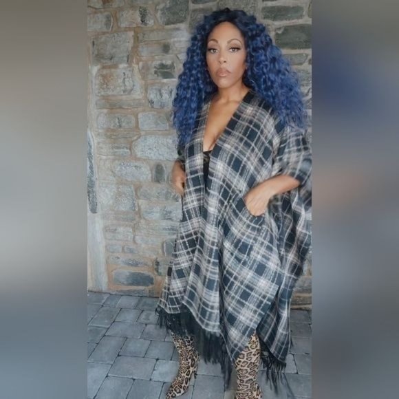 Miz Native Plaid Vegan Fringe Poncho - Picture 8 of 17